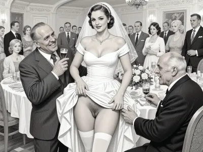 This is is a detailed monochromatic pencil drawing in a classical illustrative style depicts a scene set in USSR, in 1950s, a striking busty bride in a white dress, ((2 drunk ugly fat old men roughly pawing her labia with their fingers)), 2 drunken ugly fat old men mocking, lustful mocking smile men's ugly face, on a festive table during the wedding banquet, She lifts the hem of her wedding dress with her hands, hairy pussy, her white stockings are visible, family and parents are watching in their best clothes, a large banquet hall, They celebrate the wedding without noticing the bride, The overall mood is intense, rendered in fine, expressive line work and subtle shading, evoking the style of 1950s satirical or moralistic illustrations.