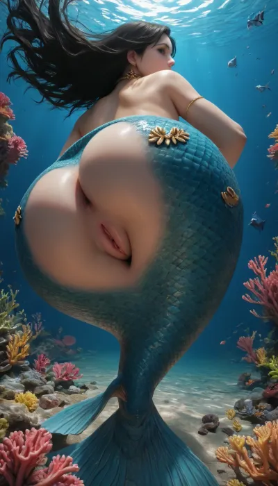 (25 year old asian looking mermaid), (blue mermaid fish tail), (blue fish scales), (huge mermaid tits), (mermaid pussy), (long black hair), (swimming in ocean underwater), (coral reef), (huge tits), (gold jewelery), (floating sideways with ass facing towards the camera and looking back over shoulder), (nipple piercings), (close up shot of pussy and tits)