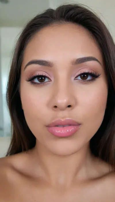 A Filipina's slut face, (27 years old), dark brown tanned skin, (softly overlined lips with muted rosy nude-pink lipstick, subtle mauve undertones, slightly deeper pink lip liner defining the edges, sheer translucent gloss layered over the lipstick, soft reflective highlights on the center of the lips, naturally full-looking lips), (medium-width natural nose), (straight natural nose bridge), (softly rounded slightly bulbous nose tip), (naturally wider nostrils), (subtle nasal width), (nose proportionate to the face), masculine jaw, (softly rounded jawline), looking straight at camera, closed lips, face portrait, (round to softly oval face), natural facial asymmetry, natural facial proportions, realistic skin texture