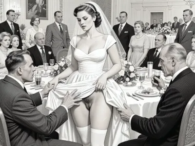 This is is a detailed monochromatic pencil drawing in a classical illustrative style depicts a scene set in USSR, in 1950s, a striking busty bride in a white dress, ((2 drunk ugly Caucasian men roughly pawing her labia with their fingers)), 2 drunken ugly Caucasian old men mocking, on a festive table during the wedding banquet, She lifts the hem of her wedding dress with her hands, hairy pussy, her white stockings are visible, family and parents are watching in their best clothes, a large banquet hall, They celebrate the wedding without noticing the bride, The overall mood is intense, rendered in fine, expressive line work and subtle shading, evoking the style of 1950s satirical or moralistic illustrations.