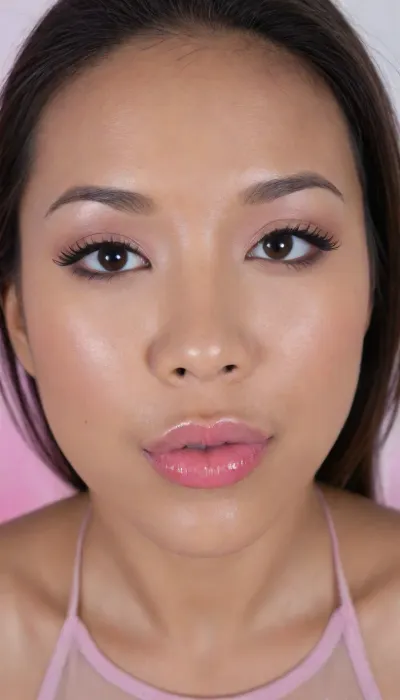 (portrait of a Pinay Filipina Asian:1.2), (tightly closed mouth, lips together:1.3), A Filipina's slut face and shoulders, (27 years old), dark brown tanned skin, (softly overlined lips with muted rosy nude-pink lipstick, (subtle mauve undertones), (slightly deeper pink lip liner defining the edges:1.2), sheer translucent gloss layered over the lipstick, soft reflective highlights on the center of the lips, naturally full-looking lips), (medium-width natural nose), (straight natural nose bridge), (softly rounded slightly bulbous nose tip), (naturally wider nostrils), (subtle nasal width), (nose proportionate to the face), masculine jaw, (softly rounded jawline), (looking straight at camera:1.1), closed lips, (face portrait), (frontal shot), (round to softly oval face), natural facial asymmetry, natural facial proportions, realistic skin texture