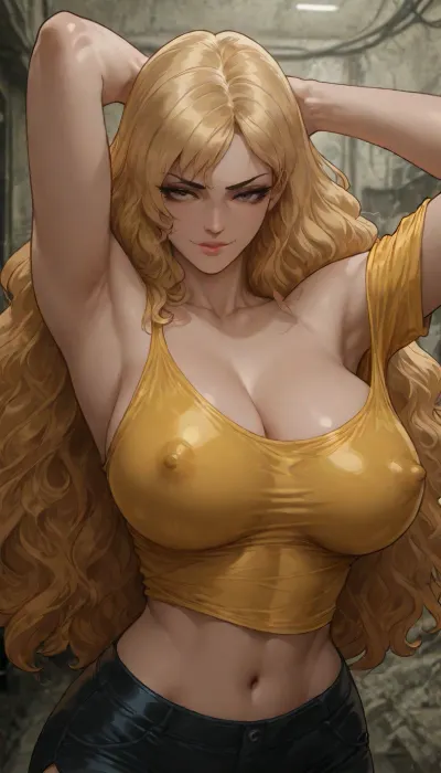 Score_9, score_8_up, score_7_up, (stanley lau art style:2), solo, (arms behind her head), side view, (makeup), at abandoned room, large breasts, wavy hair, hourglass figure, sexy pose, tight yellow crop top, denin shorts, hard nipples, side boobies, off shoulder, big breasts, natural breasts, blonde hair, bangs, wide hips, smirk, long length hair, portrait, close up, lineart, line, art, flat, colors, color, <lora:outline_xl_kohaku_delta_spv5x:.5>, <lora:lineartSDXL:.8>