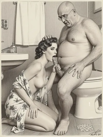 This is is a detailed monochromatic pencil drawing in a classical illustrative style depicts a scene set in Russian, 1950s, (1 woman + 1 very ugly old men), Beautiful sexy brown hair mother elegant hairstyle wearing in open short floral robe on a naked body, she in bathroom on her knees in bathroom and licking the cock of Obese ugly old man 90 yo who sits on the toilet, seductive face, very excited, lustful, old man's hand on mother's head, The overall mood is intense, rendered in fine, expressive line work and subtle shading, evoking the style of 1950s satirical or moralistic illustrations.