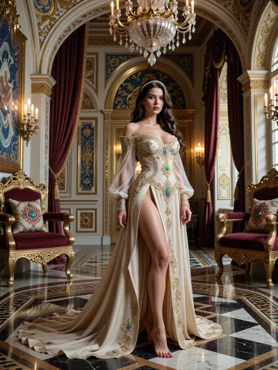 A regal and elegant woman stands poised in a grand, opulent palace hall, her body angled slightly to the side while her head turns to gaze directly at the viewer with an expression of serene confidence and subtle mystery. She has long, flowing dark brown wavy hair cascading over one shoulder, adorned with a delicate golden circlet embellished with small gemstones. Her skin is smooth and luminous, complementing her refined features. She wears a luxurious, floor-length gown in a soft beige or champagne hue, featuring intricate gold embroidery along the neckline, sleeves, and hemline. The gown is off-the-shoulder with sheer, translucent fabric draping gracefully from the shoulders, decorated with ornate gold patterns and embedded with colorful gemstones including emeralds, rubies, and sapphires. The dress has a high slit on her left thigh, revealing toned legs, and the trailing train of the gown spreads out elegantly across the marble floor. She holds the edge of her gown gently with her right hand, while her left arm rests naturally by her side. The setting is a majestic royal chamber with high arched ceilings, richly detailed with gilded filigree and intricate blue and gold mosaic patterns. The walls are adorned with elaborate gold trimmings and framed architectural elements. Heavy, luxurious curtains in deep burgundy and cream hang from tall windows and archways, framing the scene. Two ornate golden chairs with plush burgundy cushions and decorative pillows featuring floral designs and gemstone accents flank either side of the central aisle. The floor is polished marble with a geometric pattern of black, white, and gold tiles reflecting the ambient light. A large, ornate chandelier with crystal droplets hangs from the ceiling, casting a warm, radiant glow that illuminates the scene. Additional lighting comes from wall-mounted candelabras with multiple lit candles, adding to the atmosphere of warmth and grandeur. The background reveals more architectural details, including arched doorways and columns, suggesting depth and further chambers beyond. The overall mood is one of majestic elegance, timeless luxury, and quiet power, enhanced by the interplay of light and shadow, the richness of textures, and the harmonious blend of colors ranging from golds and creams to deep burgundies and rich blues. The composition centers on the woman as the focal point, with the surrounding architecture and furnishings framing her majestically, creating a sense of balance and symmetry. The lighting is soft yet dramatic, highlighting the contours of her form and the intricate details of her attire and surroundings, while casting gentle shadows that add depth and dimension to the scene.