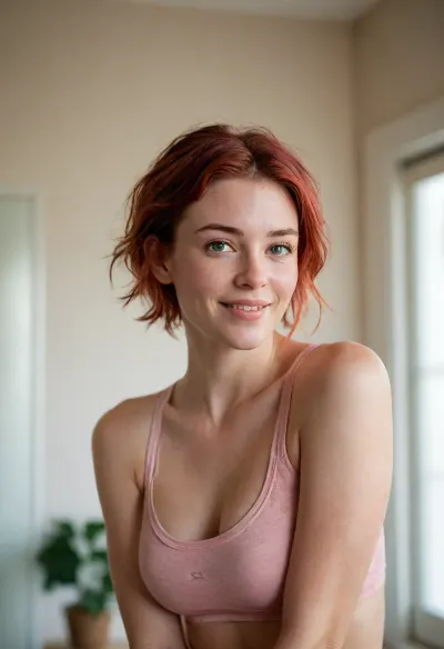Intimate morning portrait of an mischievous wife, delicate features and subtle freckles, natural window light streaming in, tousled short rose-red hair with dark roots, soft genuine smile, casual at-home vibes, minimal everyday makeup, warm vanilla walls and cozy decor in background, comfy sports bra hugging her athletic fit body, shot on Sony A7IV with 35mm f/1.4 lens, shallow depth of field, (soft morning glow:1.3), (natural skin texture:1.2), (gentle bokeh:1.2), (casual intimacy:1.2), lifestyle photography, candid moment, dreamy atmosphere, film-like grain, nostalgic color grading, Instagram aesthetic, lifestyle blogger quality, ZipRealism, <lora:sunnyrayyxo_v1_SDXLBase:.8>, <lora:add-detail-xl:1.4>