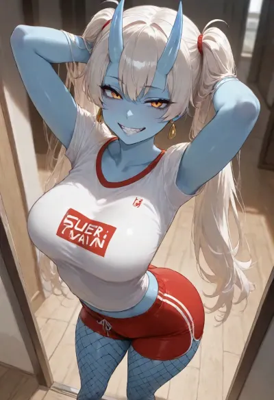 Oni woman with youthful features, no horns, but a wide smile and sharp teeth, hazel eyes, an hourglass figure, and a slender waist, Platinum hair tied in pigtails, light blue skin, 1.67m tall, form-fitting fishnet tights, a cotton sports t-shirt, and red workout shorts., (tags, high-angle shot, anime waifu, sassy, ​​bratty expression, super athlete, pose, arms behind head, arched back)