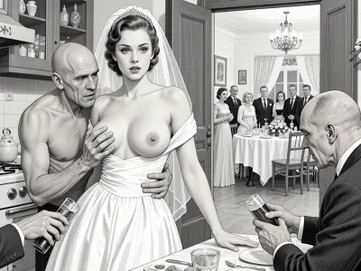 This is is a detailed monochromatic pencil drawing in a classical illustrative style depicts a scene set in USSR, in 1950s, a striking busty slutty bride in a white dress in the restaurant kitchen, ((2 drunk ugly bald old men roughly pawing her tits with their fingers)), 2 drunken marginalugly old men mocking, the restaurant hall is visible through the open kitchen door, on a festive table during the wedding banquet, family and parents are watching in their best clothes, a large banquet hall, They celebrate the wedding without noticing the bride, The overall mood is intense, rendered in fine, expressive line work and subtle shading, evoking the style of 1950s satirical or moralistic illustrations.