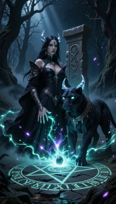 A masterpiece of the highest quality, (dark fantasy-style digital art:1.2), . A beautiful sorceress with mesmerising eyes and long dark hair, clad in an intricate obsidian-coloured Gothic gown, stands beside an ancient stele at the very heart of the gloomy, mystical Black Forest. And she is performing magic of the highest order. Her hand, with its sharp nails, is pointed downwards towards the glowing pentagram at her feet, streams of power flow from her hand, fuelling the pentagram, at the centre of which a portal is beginning to form. Standing beside her is a majestic, mythical shadow panther with perfectly detailed, muscular feline anatomy, piercing, brightly glowing eyes and sharp, crystalline horns. In the background, gnarled, dead trees and thick mist creeping across the ground. Around them, a vortex of magical energy is forming, with vivid, ancient magical runes surrounding a five-pointed pentagram, radiating pure energy, brightly glowing ethereal threads, and a portal slowly taking shape at the centre. Deep shadows, voluminous beams of light, dynamic neon-coloured turquoise and violet sparks, sharp focus on the characters, cinematic lighting.