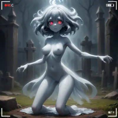 score_9, 1 ghastly female, about 33, very thin, is naked, ghost white skin, in a very foggy 1200's church graveyard, camera view is set far back, 32k image, floating in air, has no legs, ghostly form with no legs, perfect hands with long claw nails, no legs, no feet, ghostly form, floating, very skinny ghastly shape, completely naked, no hair, white ghostly afro hair, blood dripping from claws, evil demonic red eyes with a hollow empty feel, 34C cup breasts, medium size breasts, ghostly white boobs and nipples, everything about the ghost is ghastly and greyish white, raining heavy, old england graveyard, many ancient, tombstones, skeletal hands popping out of a few spots in background, scary environment, very spooky feel