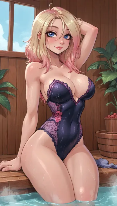 (innv meets jack cayless style), (reiq style, masterpiece, cel-shaded, limited color palette), ((Beautiful Sexy Muscles Gwen from marvel body)), (1girl, solo, alone, 21 year old woman), ((1girl, solo, alone, 21 year old woman body)), (blonde with pink tips hair), (gorgeous, seductive face, mature, ads, perfect breast, perfect hands, perfect legs, small waist, thick thighs, hips, big ass, sweaty body), (spiderweb black crisscross lace swimsuit:1.1), (((posing))), (sauna, steam, summer, beach, tropical, flowers, plants, sauna background), ultravio let light, LoL, Style, ratatatat74, <lora:mk_Bp Anime_xl:2>, <lora:cartoon_stickers_xl_v1:2>, <lora:Spider-Gwen:2>, <lora:LCMTurboMix_Euler_A_fix:2>, <lora:ratatatat74-000050:2>