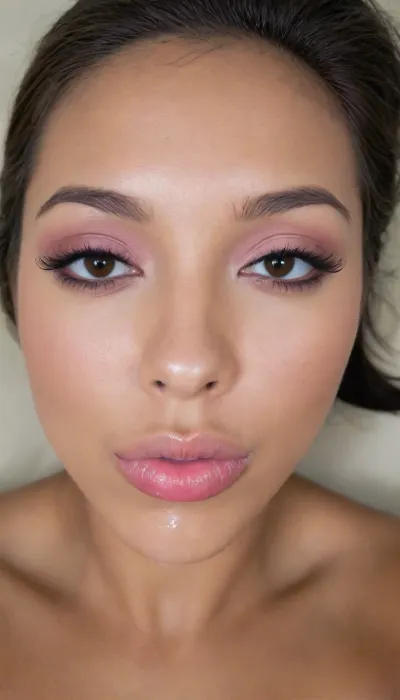 A Filipina's slut face, (27 years old), dark brown tanned skin, (closed mouth), (softly overlined lips with muted rosy nude-pink lipstick, subtle mauve undertones, slightly deeper pink lip liner defining the edges, sheer translucent gloss layered over the lipstick, soft reflective highlights on the center of the lips, naturally full-looking lips), (medium-width natural nose), (straight natural nose bridge), (softly rounded slightly bulbous nose tip), (naturally wider nostrils), (subtle nasal width), (nose proportionate to the face), masculine jaw, (softly rounded jawline), looking straight at camera, closed lips, face portrait, (round to softly oval face), natural facial asymmetry, natural facial proportions, realistic skin texture