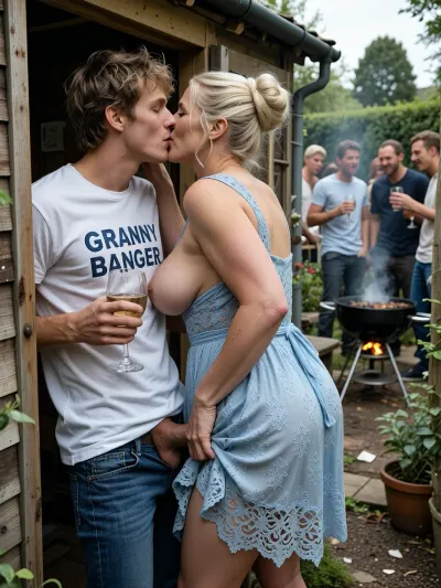 Neighbourhood garden drinks party. In the untidy garden shed, a 22yo handsome man, touseled sandy hair, in blue jeans and a white cotton shirt with the words “GRANNY BANGER” on it, has doggystyle sex from behind with the busty housewife, 55 + years old, (he puts his hard cock between her buttocks:1.5), (analsex:1.4), he cuddles up behind the woman, kissing her on the side of her neck while slipping a hand around toncup her heavy sagging breasts, the busty plus sized horny housewife, platinum blonde in high elaborate updo., hides inside the shed with the door open. while holding a glass of wine in one hand, her body angled so that her back is toward the man, her posture subtly deliberate yet natural, she wears a delicate summer blue lace dress, the fabric extremely fine and lightweight, (her free hand lightly lifting the fabric near her ass in a sexy and almost absent minded gesture:1.4), (The couple hide inside the shed as the guests party in the English cottage garden:1.2), in the background through the doorway in the back garden the crowd are laughing and drinking, cooking on a smoky bbq, softly out of focus, they are unaware of the full situation, the composition emphasizing layered perspective, concealment, ultra photorealistic, cinematic realism, extremely high detail, 35mm film photography, shallow depth of field, smooth bokeh, non uniform sharpness, hyper realistic skin texture with visible pores and natural imperfections, (lifelike faces with detailed eyes:2), natural asymmetry, realistic facial expressions, highly detailed fabric rendering, physically accurate lighting, natural falloff, cinematic color grading, analog film grain, no digital sharpness, no HDR look, real world texture fidelity, (faces of the man and the woman in the foreground rendered with exquisite attention to detail), dark cinematic lighting, chiaroscuro.
