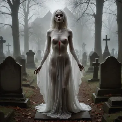 score_9, 1 ghastly female, about 33, very thin, is naked, ghost white skin, in a very foggy 1200's church graveyard, camera view is set far back, 32k image, floating in air, has no legs, ghostly form with no legs, perfect hands with long claw nails, no legs, no feet, ghostly form, floating, very skinny ghastly shape, completely naked, no hair, white ghostly afro hair, blood dripping from claws, evil demonic red eyes with a hollow empty feel, 34C cup breasts, medium size breasts, ghostly white boobs and nipples, everything about the ghost is ghastly and greyish white, raining heavy, old england graveyard, many ancient, tombstones, skeletal hands popping out of a few spots in background, scary environment, very spooky feel, ghost, person, <lora:ghosts person 1a:.8>, ais-ghostly, <lora:Ghostly_Style_SDXL:.8>