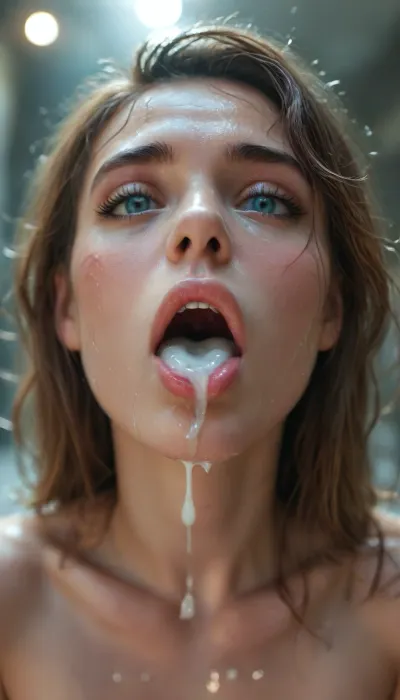 Hyper-realistic cinematic close-up shot taken with a Canon EOS R5, 75mm f/1.2 lens, capturing a supermodel with long, dampened red hair in the throes of an intense, eye-rolling climax. Low-angle perspective emphasizing her parted, lush lips and an expression of raw euphoria. The scene is set in a high-end, dimly lit nightclub with atmospheric neon magenta and deep cobalt blue ambient lighting, creating a dramatic HDR contrast. Extremely detailed skin texture with visible pores, micro-sweat, and glistening moisture., (Thick, translucent, viscous white cum is artfully splattered across her face, coating her tongue and dripping from her open mouth:1.4), with heavy droplets of thick cum clinging to her cheeks and flowing down onto her chest. A thin, glistening trail of crystalline saliva bridges the gap between her lips and a blurred, out-of-focus phallus positioned inches from her face. Technical specifications, Sharp focus on the iris and glistening droplets, shallow depth of field causing the nightclub background to melt into a creamy, colorful bokeh. Professional three-point lighting with a strong rim light highlighting the wet strands of her hair and the iridescent quality of the cum. 8k UHD resolution, masterpiece quality, maximum detail, extreme realism, photorealistic skin shaders, wet-look physics, cinematic still, raw photography, highly detailed cum, 1.4x magnification close-up.., (close up:1.4), low angle, supermodel, big, lips, but, woman, cum, on, face, <lora:Beautify-Supermodel-SDXL:1.8>, <lora:BUT_SDXL_SHS:1.8>, <lora:JustCum:1.8>, <lora:MJ52:1.2>