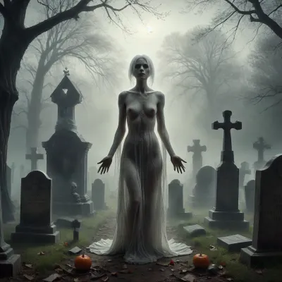 score_9, 1 ghastly female, about 33, very thin, is naked, ghost white skin, in a very foggy 1200's church graveyard, camera view is set far back, 32k image, floating in air, has no legs, ghostly form with no legs, perfect hands with long claw nails, no legs, no feet, ghostly form, floating, very skinny ghastly shape, completely naked, no hair, white ghostly afro hair, blood dripping from claws, evil demonic red eyes with a hollow empty feel, 34C cup breasts, medium size breasts, ghostly white boobs and nipples, everything about the ghost is ghastly and greyish white, raining heavy, old england graveyard, many ancient, tombstones, skeletal hands popping out of a few spots in background, scary environment, very spooky feel, cemetery, graves, pumpking, bats, <lora:Halloween Series_ Spooky Cemetery_epoch_5:.8>, 33r13, c3m3t3ry, <lora:33r13_c3m3t3ry:.8>, ghost, person, <lora:ghosts person 1a:.8>, ais-ghostly, <lora:Ghostly_Style_SDXL:.8>, <lora:Spectral_Photography-000002:.8>