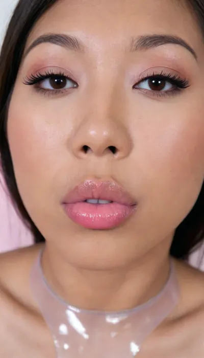 (Pinay Filipina Asian:1.2), (closed mouth:1.1), A Filipina's slut face, (27 years old), dark brown tanned skin, (softly overlined lips with muted rosy nude-pink lipstick, (subtle mauve undertones), (slightly deeper pink lip liner defining the edges:1.2), sheer translucent gloss layered over the lipstick, soft reflective highlights on the center of the lips, naturally full-looking lips), (medium-width natural nose), (straight natural nose bridge), (softly rounded slightly bulbous nose tip), (naturally wider nostrils), (subtle nasal width), (nose proportionate to the face), masculine jaw, (softly rounded jawline), (looking straight at camera:1.1), closed lips, (face portrait), (frontal shot), (round to softly oval face), natural facial asymmetry, natural facial proportions, realistic skin texture
