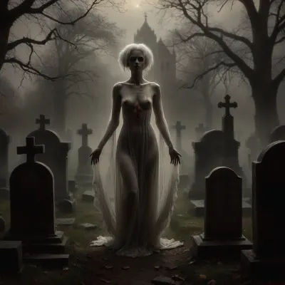 score_9, 1 ghastly female, about 33, very thin, is naked, ghost white skin, in a very foggy 1200's church graveyard, camera view is set far back, 32k image, floating in air, has no legs, ghostly form with no legs, perfect hands with long claw nails, no legs, no feet, ghostly form, floating, very skinny ghastly shape, completely naked, no hair, white ghostly afro hair, blood dripping from claws, evil demonic red eyes with a hollow empty feel, 34C cup breasts, medium size breasts, ghostly white boobs and nipples, everything about the ghost is ghastly and greyish white, raining heavy, old england graveyard, many ancient, tombstones, skeletal hands popping out of a few spots in background, scary environment, very spooky feel, cemetery, graves, pumpking, bats, <lora:Halloween Series_ Spooky Cemetery_epoch_5:.8>, 33r13, c3m3t3ry, <lora:33r13_c3m3t3ry:.8>, ghost, person, <lora:ghosts person 1a:.8>, ais-ghostly, <lora:Ghostly_Style_SDXL:.8>, <lora:Spectral_Photography-000002:.8>
