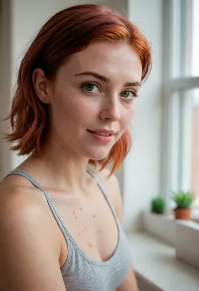 Intimate morning portrait of an mischievous wife, delicate features and subtle freckles, natural window light streaming in, tousled short rose-red hair with dark roots, soft genuine smile, casual at-home vibes, minimal everyday makeup, warm vanilla walls and cozy decor in background, comfy sports bra hugging her athletic fit body, shot on Sony A7IV with 35mm f/1.4 lens, shallow depth of field, (soft morning glow:1.3), (natural skin texture:1.2), (gentle bokeh:1.2), (casual intimacy:1.2), lifestyle photography, candid moment, dreamy atmosphere, film-like grain, nostalgic color grading, Instagram aesthetic, lifestyle blogger quality, ZipRealism, <lora:sunnyrayyxo_v1_SDXLBase:.8>, <lora:add-detail-xl:1.4>