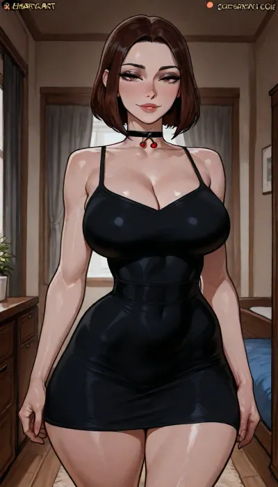 Score_9, score_8_up, score_7_up, ((cherry-gig art style:2)), solo, (samsung sam:1), is standing in her bedroom in a sexy black dress, smiling, seductive, samsung sam, highly detailed, thick eyeliner, choker, waist, wide hips, massive breasts, score_9, <lora:AshMilkshake_Illustrious_v1:1.6>, <lora:EnvyAnimeDigitalPaintingXL01:.7>, lineart, line, art, flat, colors, color, <lora:outline_xl_kohaku_delta_spv5x:.5>, <lora:lineartSDXL:.8>