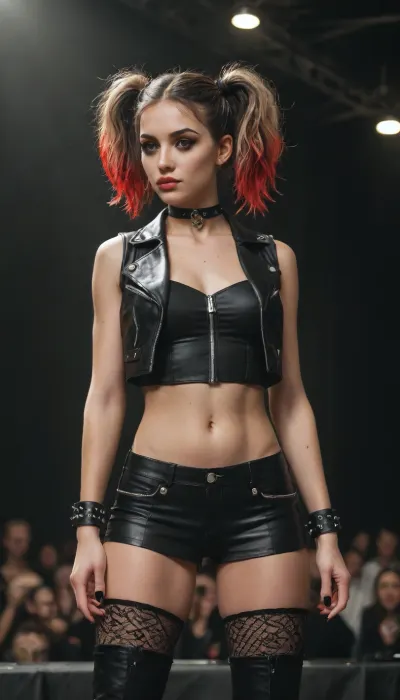 A young woman with a bold goth-punk rock aesthetic, standing half-turned on a concert stage, gazing out into the audience. Her hair is blonde, styled into two high, slightly messy pigtails, strands feature vivid red highlights and dark smudged streaks. She has dramatic makeup, dark smoky eyes with sharp winged liner, heavily contoured features, sharply defined eyebrows, and lips in a deep, saturated crimson shade. Around her neck is a black choker with a silver spike detail and dangling chain. Her outfit is sexy and revealing, a cropped black leather unzipped bustier with lacing and metal eyelets, exposing a hint of midriff, over one shoulder, a deconstructed leather biker jacket with torn sleeves and studded trim hangs loosely. She wears a high-waisted black mini skirt made of layered tattered tulle and leather panels, with safety pins and chain accents. Black fishnet tights with strategic runs and rips, paired with chunky platform combat boots with silver buckles. Her wrists are stacked with spiked cuffs and leather bracelets. She confidently holds a black electric guitar with an aggressive body silhouette, her fingers are positioned on the fretboard as if she’s about to start playing. The camera angle is from the side of the stage, capturing her profile and the intensity of her stare into the crowd. Stage lighting casts dramatic shadows and highlights, with beams cutting through hazy air. Style, high-end fashion photography in a goth-punk rock aesthetic, cinematic lighting, high detail on skin, fabric, metal, and leather textures, contrast of black and warm amber light, subtle film grain effect