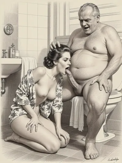 This is is a detailed monochromatic pencil drawing in a classical illustrative style depicts a scene set in Russian, 1950s, (1 woman + 1 very ugly old men), Beautiful sexy brown hair mother elegant hairstyle wearing in open short floral robe on a naked body, she in bathroom on her knees in bathroom and licking the cock of Obese ugly old man 90 yo who sits on the toilet, seductive face, very excited, lustful, old man's hand on mother's head, The overall mood is intense, rendered in fine, expressive line work and subtle shading, evoking the style of 1950s satirical or moralistic illustrations.