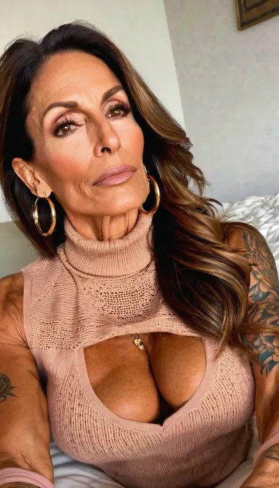 Lying on bed, huge fake tits cleavage, pink turtleneck knit sweater, ((old, 50yo)), handcuffed, gold hoop earrings, nose ring, tattoos, sexy neck, ((old brown hair mom woman)), (tan skin), (skinny muscle:1.3), (beautiful Mexican instagram model face), (fit body), very beautiful, perfect skinny body, perfect face, looking at the camera, perfect eyes, (skinny fit), pretty, snub-nosed, long hair, <lora:clothed_small:1.8>