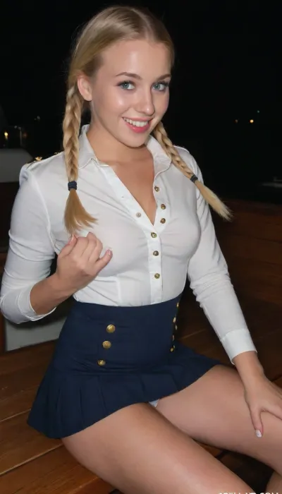 (Ultra high definition), (ultimate realism), (highly detailed face and hair), (perfectly detailed fingers and fingernails), A 20 year old Scandinavian woman sits on a leather bench on board a luxury yacht. It is nighttime and the acne is dark. She has a flirtatious, naughty smile, large eyes and long lashes. Perfect teeth. She has long blonde hair that is braided into pigtails.
She wears a navy military style outfit that buttons up in front with gold buttons. The skirt is short. The top has epaulettes.
She has a fit toned and tanned body.