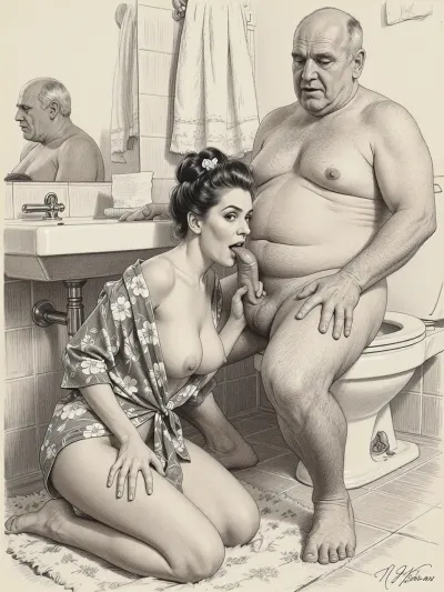 This is is a detailed monochromatic pencil drawing in a classical illustrative style depicts a scene set in Russian, 1950s, (1 woman + 1 very ugly old men), Beautiful sexy brown hair mother elegant hairstyle wearing in open short floral robe on a naked body, she in bathroom on her knees in bathroom and licking the cock of Obese ugly old man 90 yo who sits on the toilet, seductive face, very excited, lustful, old man's hand on mother's head, The overall mood is intense, rendered in fine, expressive line work and subtle shading, evoking the style of 1950s satirical or moralistic illustrations.