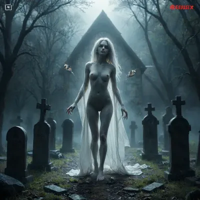 score_9, 1 ghastly female, about 33, very thin, is naked, ghost white skin, in a very foggy 1200's church graveyard, camera view is set far back, 32k image, floating in air, has no legs, ghostly form with no legs, perfect hands with long claw nails, no legs, no feet, ghostly form, floating, very skinny ghastly shape, completely naked, no hair, white ghostly afro hair, blood dripping from claws, evil demonic red eyes with a hollow empty feel, 34C cup breasts, medium size breasts, ghostly white boobs and nipples, everything about the ghost is ghastly and greyish white, raining heavy, old england graveyard, many ancient, tombstones, skeletal hands popping out of a few spots in background, scary environment, very spooky feel, cemetery, graves, pumpking, bats, <lora:Halloween Series_ Spooky Cemetery_epoch_5:.8>, 33r13, c3m3t3ry, <lora:33r13_c3m3t3ry:.8>, ghost, person, <lora:ghosts person 1a:.8>, ais-ghostly, <lora:Ghostly_Style_SDXL:.8>, <lora:Spectral_Photography-000002:.8>