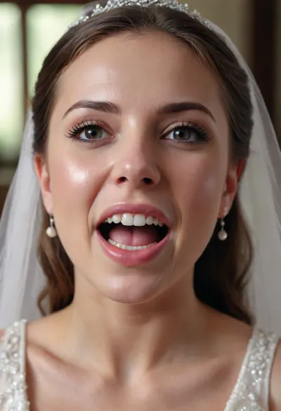 3/4 body shot of happy woman wearing wedding dress with cum on her forehead, open mouth, (cum in mouth:1.3)