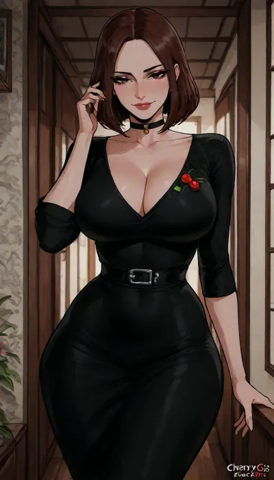 Score_9, score_8_up, score_7_up, ((cherry-gig art style:2)), solo, (samsung sam:1), is standing in her bedroom in a sexy black dress, smiling, seductive, samsung sam, highly detailed, thick eyeliner, choker, waist, wide hips, massive breasts, score_9, lineart, line, art, flat, colors, color, <lora:outline_xl_kohaku_delta_spv5x:.5>, <lora:lineartSDXL:.8>