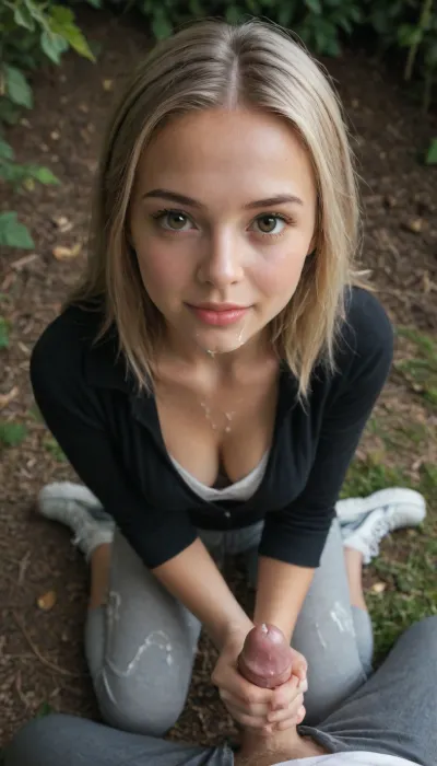 cinematic, pov, ultrarrealistic, from above, from side, super cute face, 25yo beautiful petite brunette, youthful face, playful, cheeky smile, very busty, sweaty skin, blonde hair, super skinny, stay on knees, (cum covered her pants:1.3), mouth open, cum on mouth, (cum on her pants), semen drips down, cleavage, (cum on cleavage, cum on legs), cum, uncensored, realistic, ejaculation, precum, cum_on_body, handjob, erection, ((projectile_cum)), testicles, cum on body, cum swapping, excessive cum, covered in cum, projectile cum, short woman, young adult woman, (petite), hair fringe, cutie face, big eyes, round eyes, long hair, brown eyes, small body, small breast, tiny boobs, wearing grey yoga pants, wearing black hoodie, white sneakers, petite body, tanned skin, professional photograph, ultra detailed, at forest at night