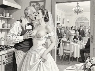 This is is a detailed monochromatic pencil drawing in a classical illustrative style depicts a scene set in USSR, in 1950s, a striking busty slutty bride in a white dress, hugs and passionately kisses an old waiter in the restaurant kitchen who roughly and imperiously paws her tits, ((drunk marginal old waiter roughly pawing her exposed tits with his fingers)), the restaurant hall is visible through the open kitchen door, on a festive table during the wedding banquet, family and parents are watching in their best clothes, a large banquet hall, They celebrate the wedding without noticing the bride, The overall mood is intense, rendered in fine, expressive line work and subtle shading, evoking the style of 1950s satirical or moralistic illustrations.