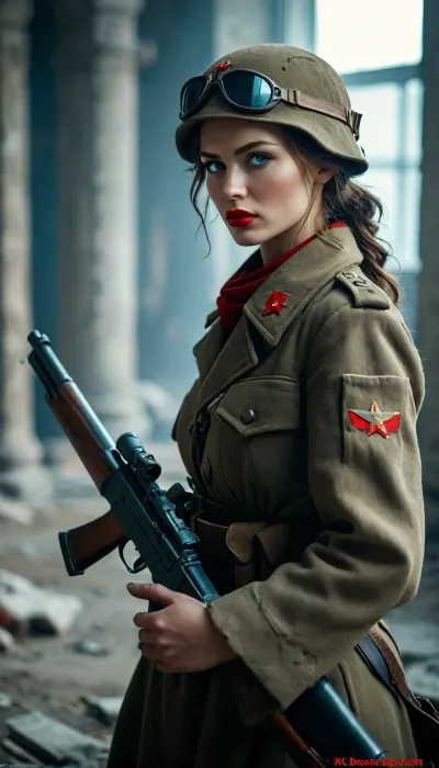 Soviet sniper woman od Stalingrad, Full Body, Full view, Blue eyes, red lip stock, on battlefield, brutal, forcef fucked by german soldier, lyingfloor, <lora:MJ52:.8>