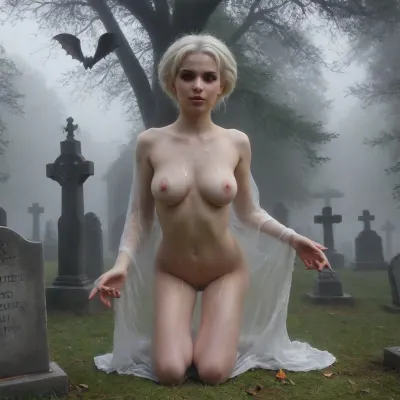 score_9, 1 ghastly female, about 33, very thin, is naked, ghost white skin, in a very foggy 1200's church graveyard, camera view is set far back, 32k image, floating in air, has no legs, ghostly form with no legs, perfect hands with long claw nails, no legs, no feet, ghostly form, floating, very skinny ghastly shape, completely naked, no hair, white ghostly afro hair, blood dripping from claws, evil demonic red eyes with a hollow empty feel, 34C cup breasts, medium size breasts, ghostly white boobs and nipples, everything about the ghost is ghastly and greyish white, raining heavy, old england graveyard, many ancient, tombstones, skeletal hands popping out of a few spots in background, scary environment, very spooky feel, cemetery, graves, pumpking, bats, <lora:Halloween Series_ Spooky Cemetery_epoch_5:.8>, 33r13, c3m3t3ry, <lora:33r13_c3m3t3ry:.8>, ghost, person, <lora:ghosts person 1a:.8>, ais-ghostly, <lora:Ghostly_Style_SDXL:.8>, <lora:Spectral_Photography-000002:.8>
