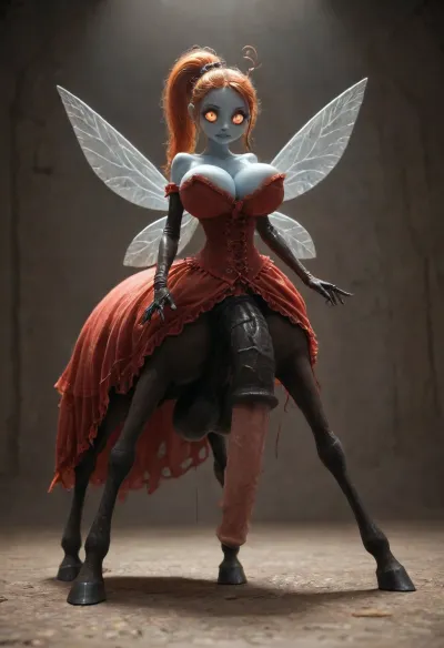 futanari, devil, evil, red skin, ginger, fairy fack centaur, (Jack cayless art style), ((youthful small very puffy pointed ski-jump breasts with huge areolas:1.3)), natural breasts, cleavage, ((massive heavy detailed red equine cock and balls:1.3)), excessive pubic hair, (old milf:1.11), tiny odd little pixie, long spindly arms and mantis-like proportions, no pupils, glowing eyes, anime style, blue skin, f/1.4 lens, bokeh, tiny Daisy fairy princess, insect wings, see-through gossamer, in heat, in a video game, bombshell hair, glowing ginger hair, side ponytail, handstand, show full body in view, victorian, red dress, cyborg, style, android, spirit, creepy, centaur, female, brown, horse, body, hooves, tail, up, from, below, side, behind, <lora:EnvyPixieXL01:.8>, <lora:victorian_dress-XL-2.0:.8>, <lora:cyborg_style_xl-alpha:2>, <lora:EnvySpiritXL02-creepy:.8>, <lora:centaurs_042_merge_sdxl:.8>