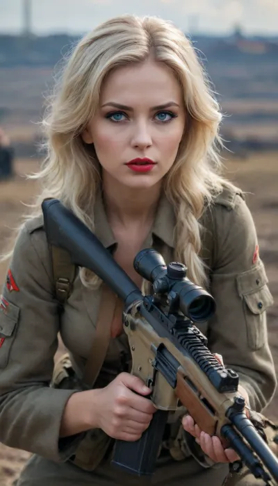 Russian sniper woman od II World.Wr, Full Body, Full view, blonde hair, Blue eyes, red lip stock, Glamour make-up, on battlefield, fucked by german soldier, lyingfloor, <lora:xl_more_art-full_v1:.8>
