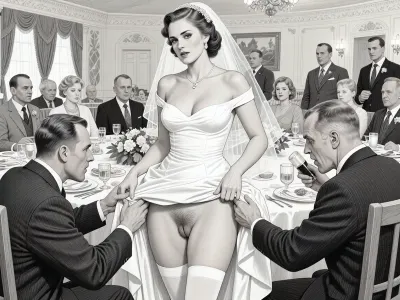 This is is a detailed monochromatic pencil drawing in a classical illustrative style depicts a scene set in USSR, in 1950s, a striking busty bride in a white dress, ((2 drunk ugly Caucasian men roughly pawing her labia with their fingers)), 2 drunken ugly Caucasian old men mocking, on a festive table during the wedding banquet, She lifts the hem of her wedding dress with her hands, hairy pussy, her white stockings are visible, family and parents are watching in their best clothes, a large banquet hall, They celebrate the wedding without noticing the bride, The overall mood is intense, rendered in fine, expressive line work and subtle shading, evoking the style of 1950s satirical or moralistic illustrations.