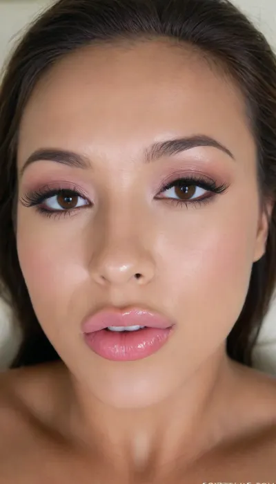 A Filipina's slut face, (27 years old), dark brown tanned skin, (softly overlined lips with muted rosy nude-pink lipstick, subtle mauve undertones, slightly deeper pink lip liner defining the edges, sheer translucent gloss layered over the lipstick, soft reflective highlights on the center of the lips, naturally full-looking lips), (medium-width natural nose), (straight natural nose bridge), (softly rounded slightly bulbous nose tip), (naturally wider nostrils), (subtle nasal width), (nose proportionate to the face), masculine jaw, (softly rounded jawline), looking straight at camera, closed lips, face portrait, (round to softly oval face), natural facial asymmetry, natural facial proportions, realistic skin texture