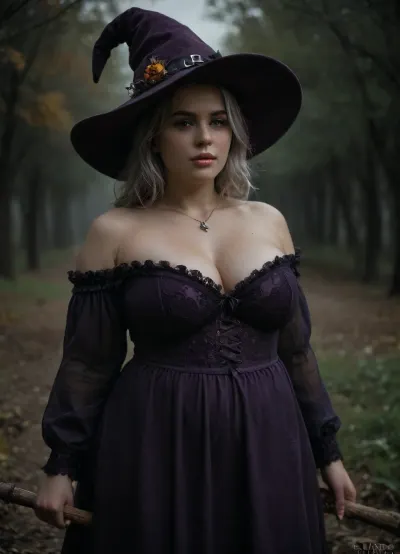 Wizard School, (Portrait:1), extremely detailed, candid Halloween picture, realistic photograph of a cute, 30-year old witch, aroused, Caucasian American, ugly pale skin, big witch hat, big chubby face, Flushed Cheeks, black eye shadow, eye liner, dark lips, (glossy lips, wet), (massive bulging bust), fat round face, long silver hair, (detailed chubby face), (purple black lacy witch dress), (purple wzard hat), sexy teasing, holding broomstick, standing on lawn of hounded mansion, autumn, foggy, mystic, (fully clothed), shoulders, <lora:SDXLHighDetail_v6-000005:1>, <lora:runga_8.1-000002:.5>, <lora:dark:.8>, Dark, Fantasy, page, <lora:Dark Fantasy:.8>, green, eyes, blue, brown, perfecteyes, <lora:PerfectEyesXL:.8>