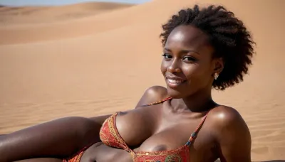 african woman, slim body, lying on side, petite, skinny, very dark skin, baldhead, sexy smiling, big saggy breasts, african desert, hi-res, masterpiece