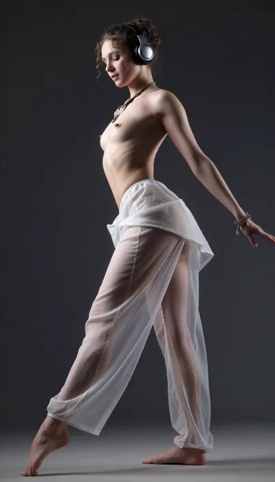 An avant-garde studio portrait captured from a low angle. The subject is a 30-year-old woman with a curly messy updo and petite physique but wide hips, her expression one of quiet modesty and confidence. She stands in profile against a undefined dark background . The composition highlights the contrast between her elegantly placed legs and pointed toes and elegantly placed arms as classic ballet dancing gestures, bare footed —and the raw, natural vulnerability of her physique. She is topless wearing wide baggy translucent pants and reveals her flat natural chest. Pale, luminous skin. Modern black-silver headphones.The lighting is directional and moody, casting soft shadows that define the curves of her body and the sheer texture of the fabric. Photorealistic, hyper-detailed, cinematic lighting, anatomical precision.photographic poetry.full body. Legs elegantly placed.listening to music.wearing tribal necklace, anklets, bracelets .