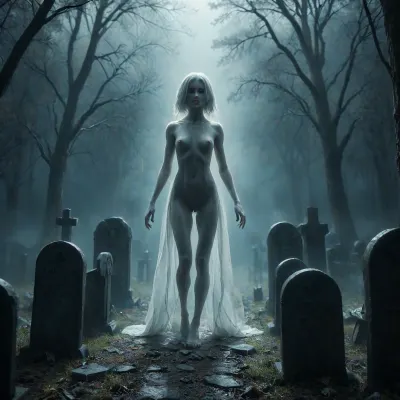 score_9, 1 ghastly female, about 33, very thin, is naked, ghost white skin, in a very foggy 1200's church graveyard, camera view is set far back, 32k image, floating in air, has no legs, ghostly form with no legs, perfect hands with long claw nails, no legs, no feet, ghostly form, floating, very skinny ghastly shape, completely naked, no hair, white ghostly afro hair, blood dripping from claws, evil demonic red eyes with a hollow empty feel, 34C cup breasts, medium size breasts, ghostly white boobs and nipples, everything about the ghost is ghastly and greyish white, raining heavy, old england graveyard, many ancient, tombstones, skeletal hands popping out of a few spots in background, scary environment, very spooky feel, cemetery, graves, pumpking, bats, <lora:Halloween Series_ Spooky Cemetery_epoch_5:.8>, 33r13, c3m3t3ry, <lora:33r13_c3m3t3ry:.8>, ghost, person, <lora:ghosts person 1a:.8>, ais-ghostly, <lora:Ghostly_Style_SDXL:.8>, <lora:Spectral_Photography-000002:.8>