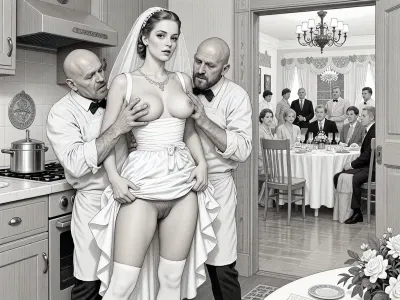 This is is a detailed monochromatic pencil drawing in a classical illustrative style depicts a scene set in USSR, in 1950s, a striking busty slutty bride in a white dress in the restaurant kitchen, ((2 drunk ugly bald old cooks roughly pawing her tits with their fingers)), 2 drunken marginalugly old cooks mocking, She lifts the hem of her wedding dress with her hands, hairy pussy, her white stockings are visible, the restaurant hall is visible through the open kitchen door, on a festive table during the wedding banquet, family and parents are watching in their best clothes, a large banquet hall, They celebrate the wedding without noticing the bride, The overall mood is intense, rendered in fine, expressive line work and subtle shading, evoking the style of 1950s satirical or moralistic illustrations.