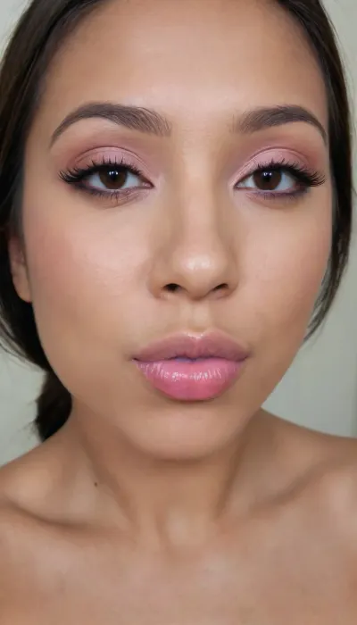 A Filipina's slut face, (27 years old), dark brown tanned skin, (closed mouth), (softly overlined lips with muted rosy nude-pink lipstick, subtle mauve undertones, slightly deeper pink lip liner defining the edges, sheer translucent gloss layered over the lipstick, soft reflective highlights on the center of the lips, naturally full-looking lips), (medium-width natural nose), (straight natural nose bridge), (softly rounded slightly bulbous nose tip), (naturally wider nostrils), (subtle nasal width), (nose proportionate to the face), masculine jaw, (softly rounded jawline), looking straight at camera, closed lips, face portrait, (round to softly oval face), natural facial asymmetry, natural facial proportions, realistic skin texture