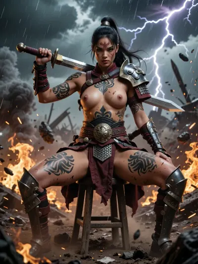 Ancient Famale chinese warrior, full body armor without breast protection, full body chinese tribal tattoo, holding a sword, sitting on a stool, legs spread, fire, storm, ashes, battle, lightning, rain, clouds, chaos, smoke, explosions, dirt stains on her skin