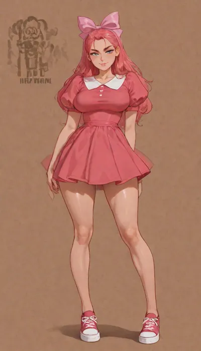 masterpiece, best quality, absurdres, very aesthetic, intricate details, 1girl, solo, helga pataki from hey arnold, aged up to 20 years old, short messy blonde hair, huge signature pink hair bow on top of head, heavy freckles across nose and cheeks, sharp blue eyes, thick dark eyebrows, slightly mature face, confident smirk, intense gaze, wearing her classic pink dress with white peter pan collar, short puffy sleeves, same exact outfit from the cartoon but on adult body, athletic and toned body, medium firm breasts, narrow waist, long legs, pink sneakers, standing pose, hand on hip, looking at viewer, hey arnold art style, cartoon aesthetic, clean thick outlines, flat colors with soft shading, vibrant pink and yellow color palette, detailed clothing folds, realistic proportions mixed with cartoon style, (helga pataki:1.3), (large pink hair bow:1.4), (freckles:1.2), (classic pink dress:1.25), hey arnold style, nickelodeon cartoon style
detailed face, sharp eyes, thick eyebrows