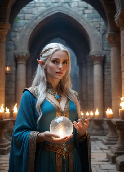 Wizard School, a mysterious elven sorceress holding a glowing crystal orb in both hands, stands in an ancient stone temple lit by flickering torches. She wears a celeste wizard cloak that shows her shaved pussy and breasts, ornamented with embroidery and golden jewels, and her silvery-white hair cascades over her shoulders. Her piercing blue eyes glow faintly as she gazes at the orb. The setting is dark and mystical, with arched ruins and magical symbols engraved on the walls. The character is detailed in a high fantasy style. Angled at eye level. The art style is cinematic realism with a high level of detail