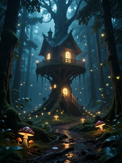 magical forest, dark misty forest, rainy weather, glowing mushrooms on the ground, glowing treehouse in the middle, lots of fireflys