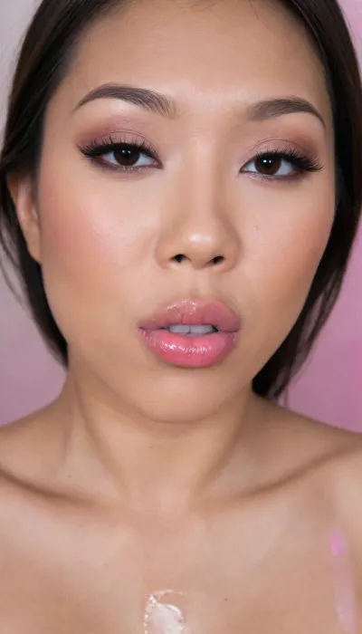 (Pinay Filipina Asian:1.2), (closed lips:1.1), A Filipina's slut face, (27 years old), dark brown tanned skin, (softly overlined lips with muted rosy nude-pink lipstick, (subtle mauve undertones), (slightly deeper pink lip liner defining the edges:1.2), sheer translucent gloss layered over the lipstick, soft reflective highlights on the center of the lips, naturally full-looking lips), (medium-width natural nose), (straight natural nose bridge), (softly rounded slightly bulbous nose tip), (naturally wider nostrils), (subtle nasal width), (nose proportionate to the face), masculine jaw, (softly rounded jawline), (looking straight at camera:1.1), closed lips, (face portrait), (frontal shot), (round to softly oval face), natural facial asymmetry, natural facial proportions, realistic skin texture